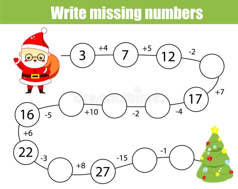 Jeu ?ducatif de math?matiques pour des enfants. Accomplissez la rang?e, ?crivez les nombres absents. Résoudre l'équation et aide illustration stock Jeu ?ducatif de math?matiques pour des enfants. Accomplissez la rang?e, ?crivez les nombres absents. Résoudre l'équation et aide illustration stock
