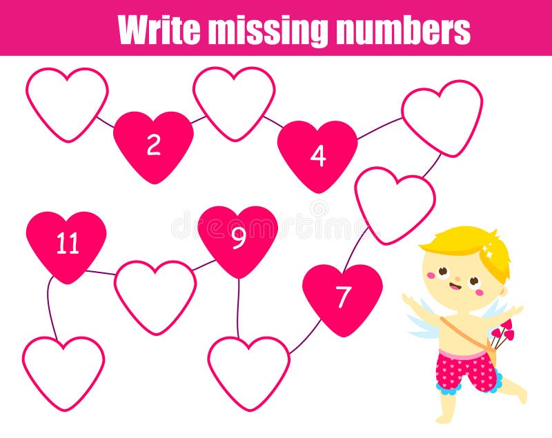 Jeu éducatif de mathématiques pour des enfants Écrivez les nombres absents garçon mignon de cupidon Amusement de thème de jour de illustration libre de droits Jeu éducatif de mathématiques pour des enfants Écrivez les nombres absents garçon mignon de cupidon Amusement de thème de jour de illustration libre de droits