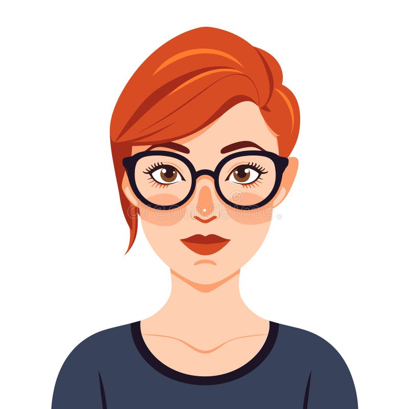 Young adult female character illustration, redhead, glasses, confident facial expression. Stylish woman portrait, casual fashion, modern haircut, cartoon. Graphic user avatar, social media, redhead. Young adult female character illustration, redhead, glasses, confident facial expression. Stylish woman portrait, casual fashion, modern haircut, cartoon. Graphic user avatar, social media, redhead