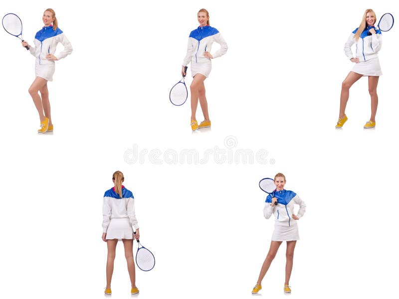 Jeune belle dame jouant au tennis d'isolement sur le blanc photographie stock Jeune belle dame jouant au tennis d'isolement sur le blanc photographie stock