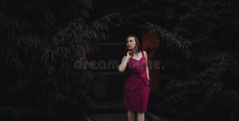 Jeune belle femme avec les longs cheveux boucl?s dans une robe rose luxueuse, robe rose dans les bois un jour chaud d'?t? image stock Jeune belle femme avec les longs cheveux boucl?s dans une robe rose luxueuse, robe rose dans les bois un jour chaud d'?t? image stock