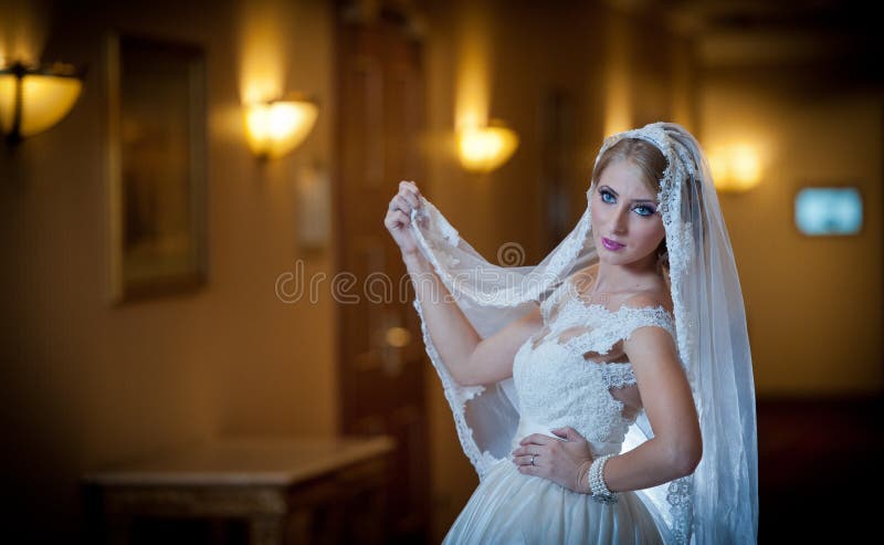 Jeune belle femme luxueuse dans la robe de mariage posant dans l'intérieur luxueux Jeune mariée élégante magnifique avec le long image stock Jeune belle femme luxueuse dans la robe de mariage posant dans l'intérieur luxueux Jeune mariée élégante magnifique avec le long image stock