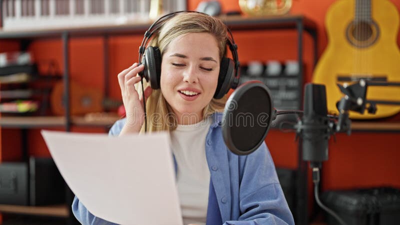 Jeune blonde musicienne chantante chanson lecture feuille de musique au studio de musique