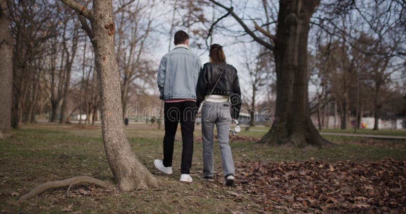 Jeune couple tenant les mains Marcher dans un parc par un jour ensoleillé banque de vidéos