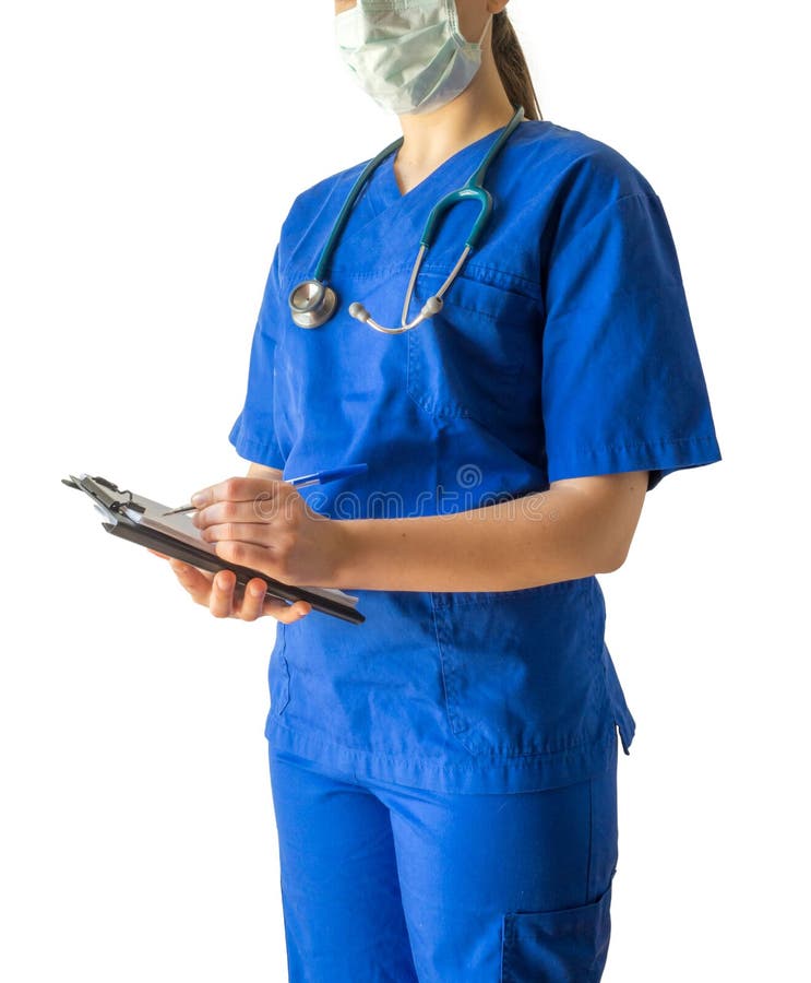 Jeune docteur féminin dans l'uniforme médical bleu dirigeant l'écriture image stock Jeune docteur féminin dans l'uniforme médical bleu dirigeant l'écriture image stock