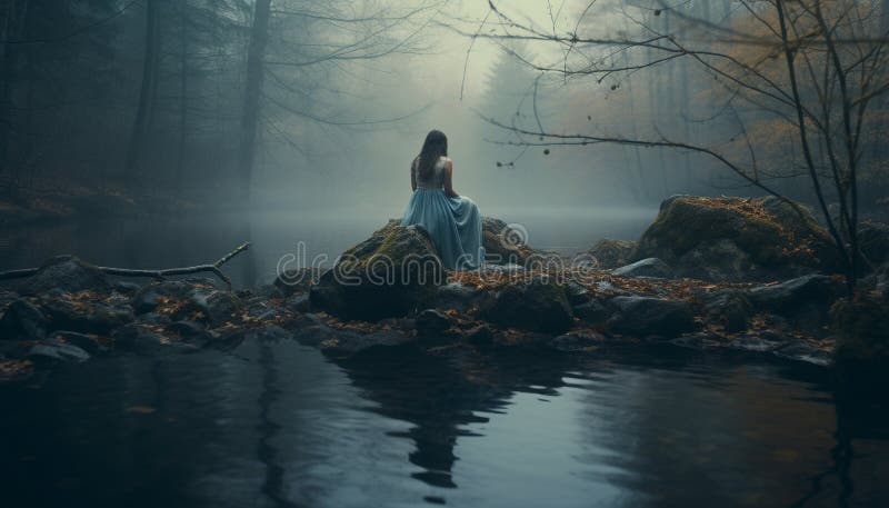 Young woman sitting in a foggy forest generated by artificial intelligence AI generated. Young woman sitting in a foggy forest generated by artificial intelligence AI generated