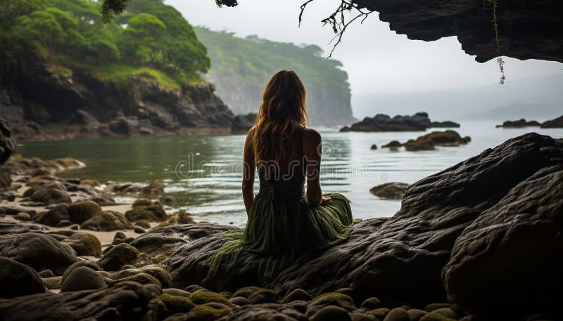 Young woman sitting on a rock, enjoying the beauty of nature generated by artificial intelligence AI generated. Young woman sitting on a rock, enjoying the beauty of nature generated by artificial intelligence AI generated