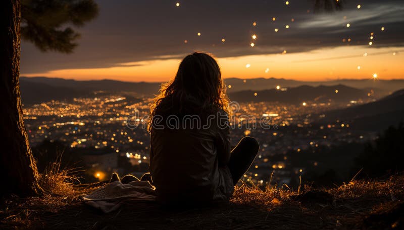 Young woman sitting outdoors, enjoying the sunset over the mountains generated by artificial intelligence AI generated. Young woman sitting outdoors, enjoying the sunset over the mountains generated by artificial intelligence AI generated