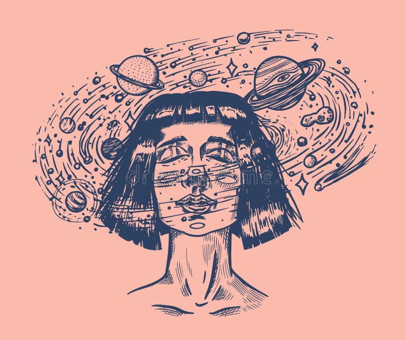Jeune femme avec des planètes Astronome et étoiles de fille d'avenir de double exposition dans l'espace Concept de la science-fic illustration stock Jeune femme avec des planètes Astronome et étoiles de fille d'avenir de double exposition dans l'espace Concept de la science-fic illustration stock