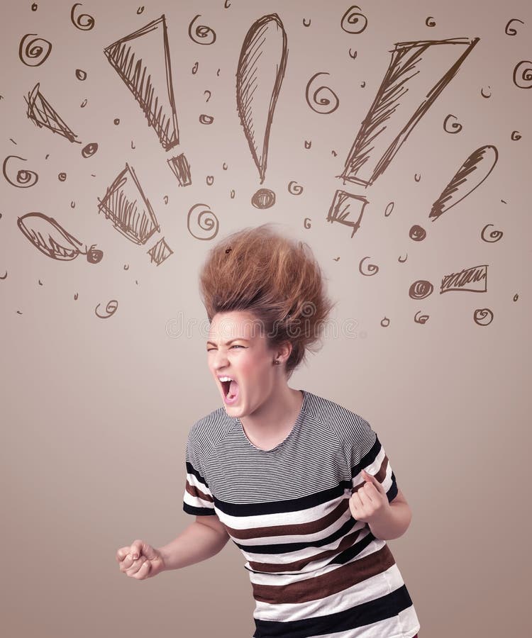 Young woman with hair style and hand drawn exclamation signs concept on background. Young woman with hair style and hand drawn exclamation signs concept on background