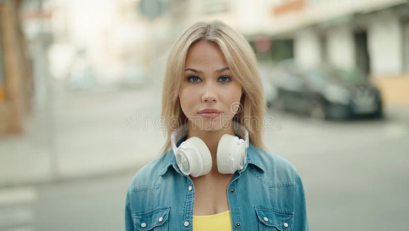 Jeune femme blonde debout avec une expression sérieuse portant un casque dans la rue images libres de droits
