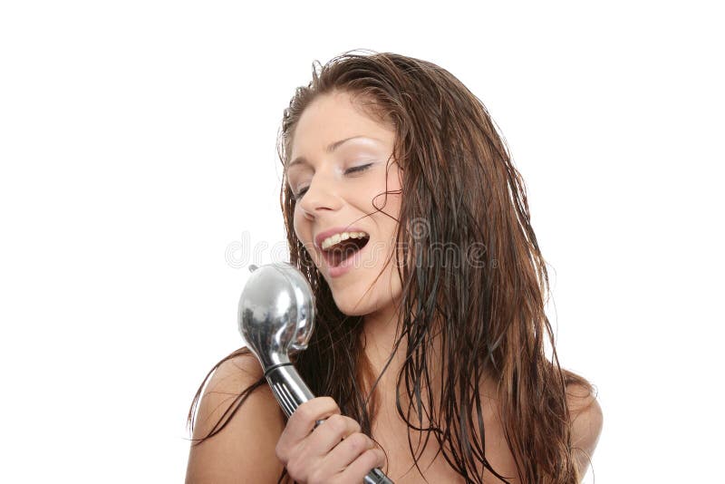 Young woman singing under shower, isolated on white. Young woman singing under shower, isolated on white