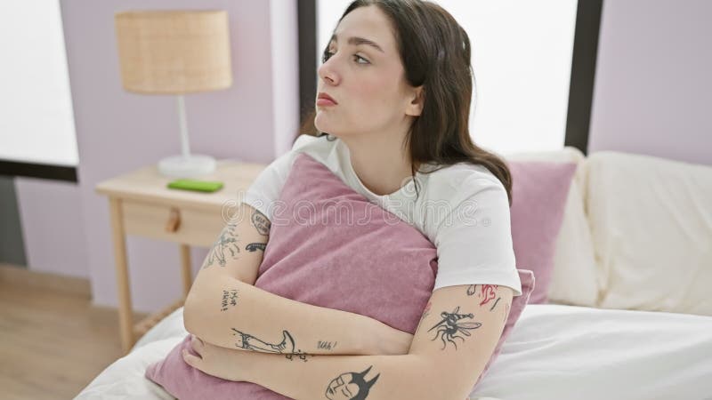 Jeune femme confiante en pyjama priant pour le pardon sur les mains des lits de chambre ensemble dans une méditation sereine banque de vidéos