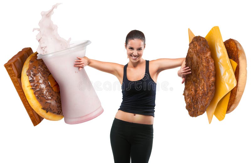 Jeune femme convenable poussant les aliments de préparation rapide images libres de droits