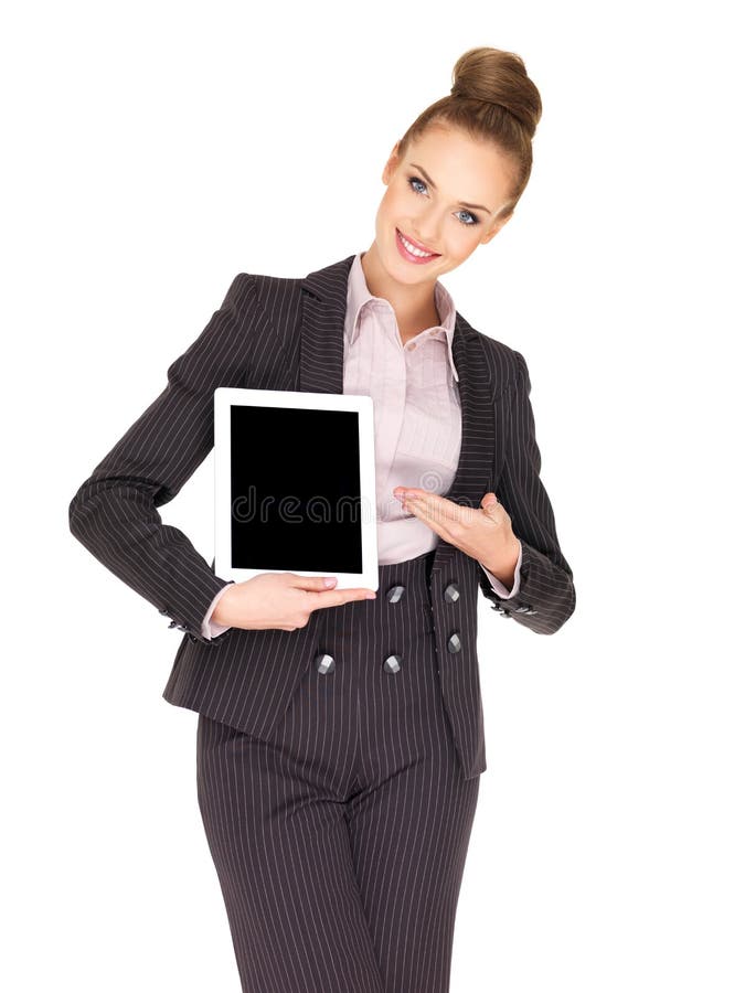 Jeune femme d'affaires affichant la tablette photo stock Jeune femme d'affaires affichant la tablette photo stock
