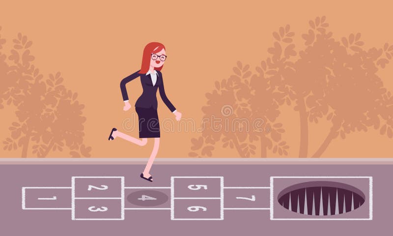 Jeune femme d'affaires insouciante jouant le jeu de marelle pâle à l'avant illustration stock