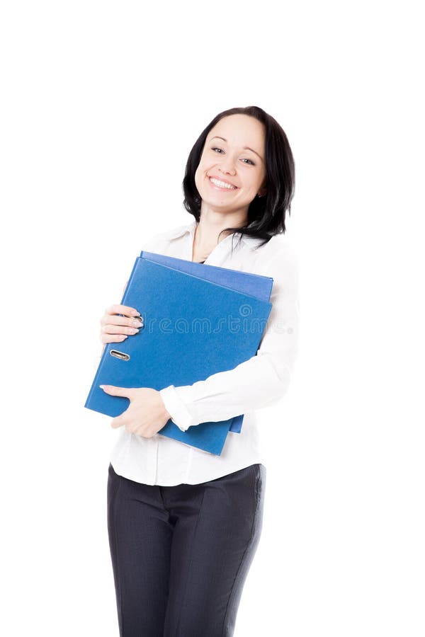 Jeune femme de bureau avec des dossiers de document sur le fond blanc photos libres de droits Jeune femme de bureau avec des dossiers de document sur le fond blanc photos libres de droits
