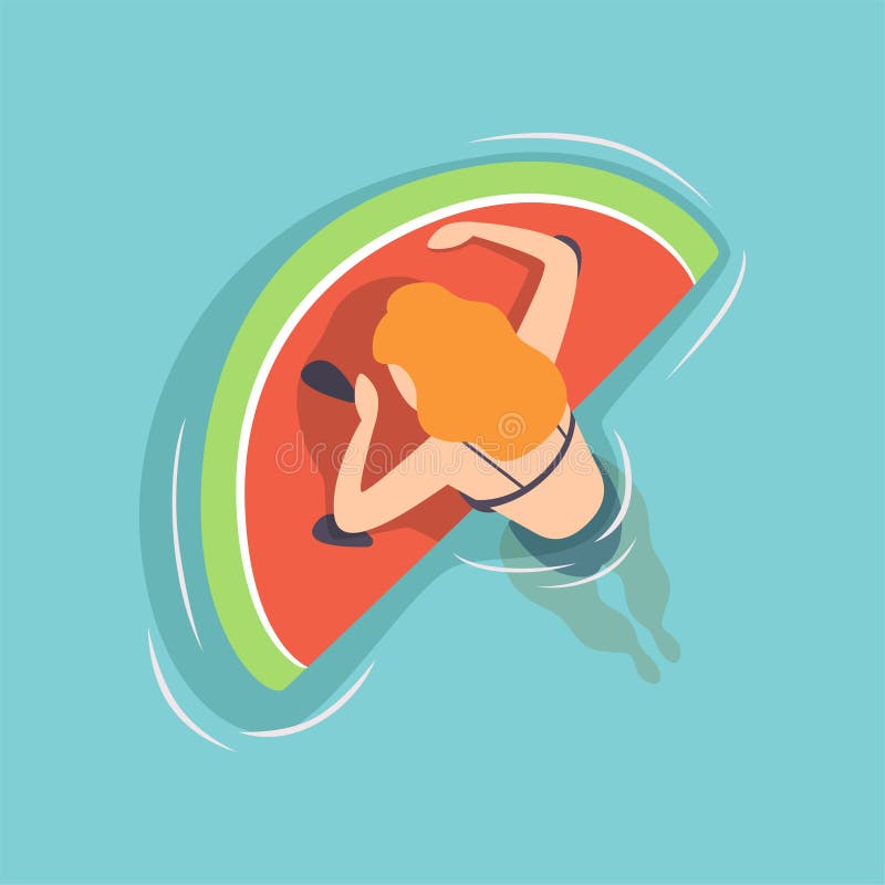 Jeune femme flottant sur le matelas gonflable sous forme de pastèque dans la piscine, illustration de vecteur de vue supérieure illustration stock Jeune femme flottant sur le matelas gonflable sous forme de pastèque dans la piscine, illustration de vecteur de vue supérieure illustration stock