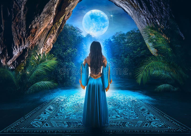 Jeune femme habillée devant une grotte de pierre géante entourée d'un environnement forestier tropical illustration de vecteur