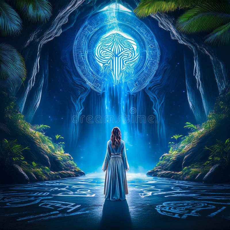 Jeune femme habillée devant une grotte de pierre géante entourée d'un environnement forestier tropical illustration stock