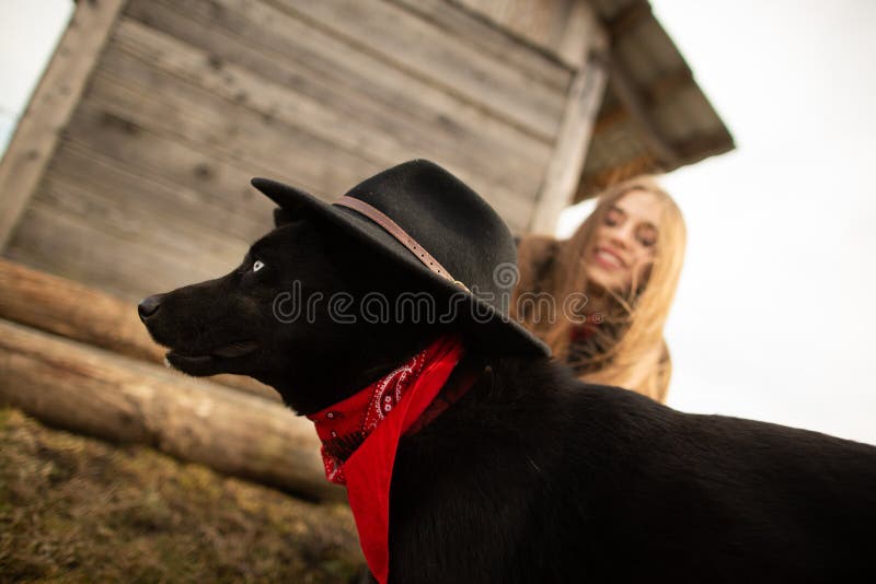Jeune femme heureuse plaing avec son chien noir dans le fron de la vieille maison en bois La fille essaye un chapeau ? son chien photo libre de droits Jeune femme heureuse plaing avec son chien noir dans le fron de la vieille maison en bois La fille essaye un chapeau ? son chien photo libre de droits