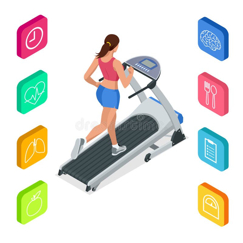 Jeune femme isométrique dans les vêtements de sport fonctionnant sur le tapis roulant au gymnase Icônes de forme physique et de s illustration libre de droits Jeune femme isométrique dans les vêtements de sport fonctionnant sur le tapis roulant au gymnase Icônes de forme physique et de s illustration libre de droits