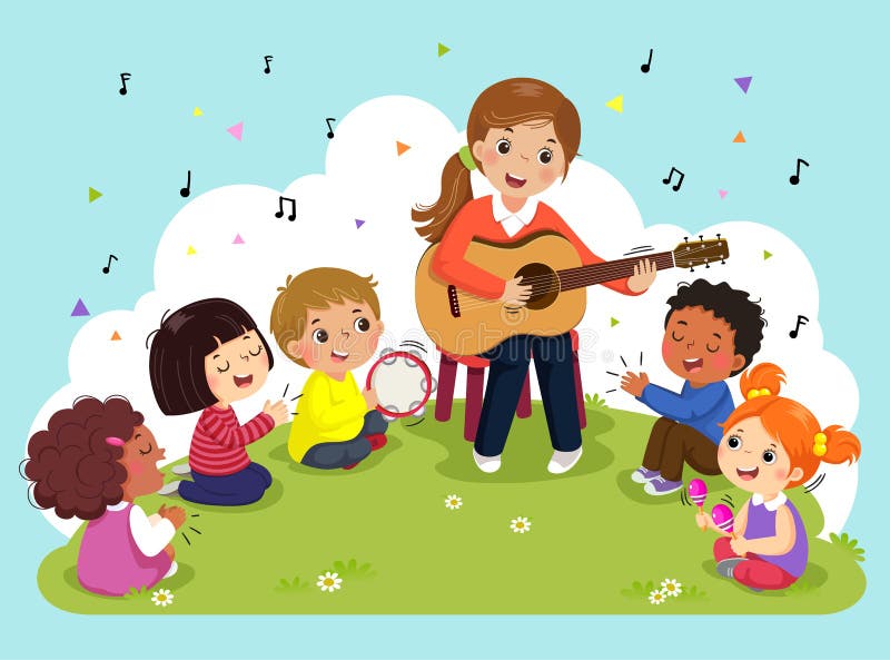 Jeune femme jouant la guitare avec un groupe d'enfants chantant et jouant des instruments de musique Professeur féminin et élèves illustration stock