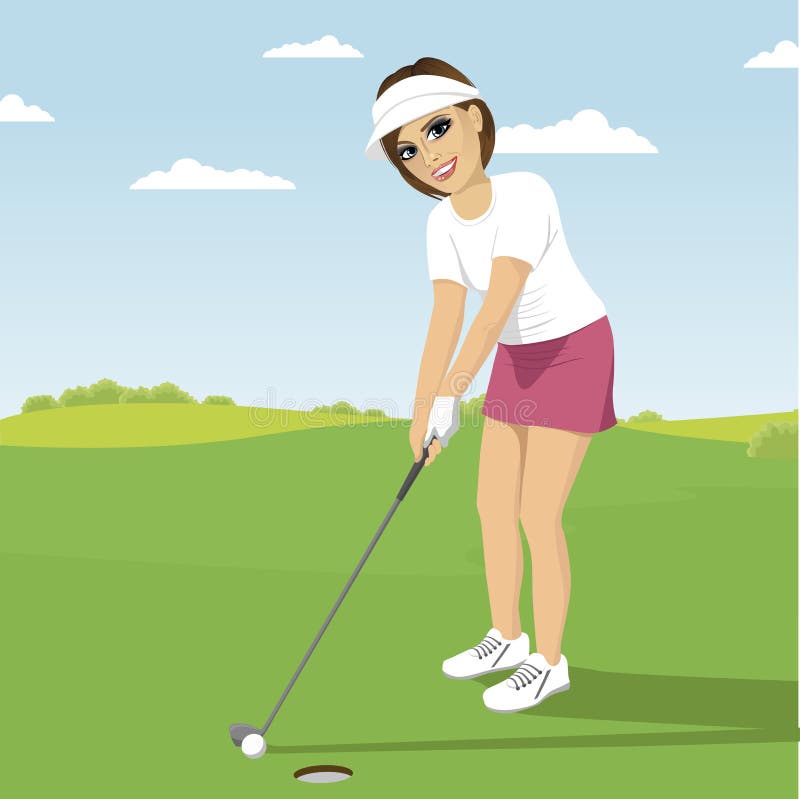 Jeune femme jouant le golf préparant au tir mettant sur le cours vert illustration stock Jeune femme jouant le golf préparant au tir mettant sur le cours vert illustration stock