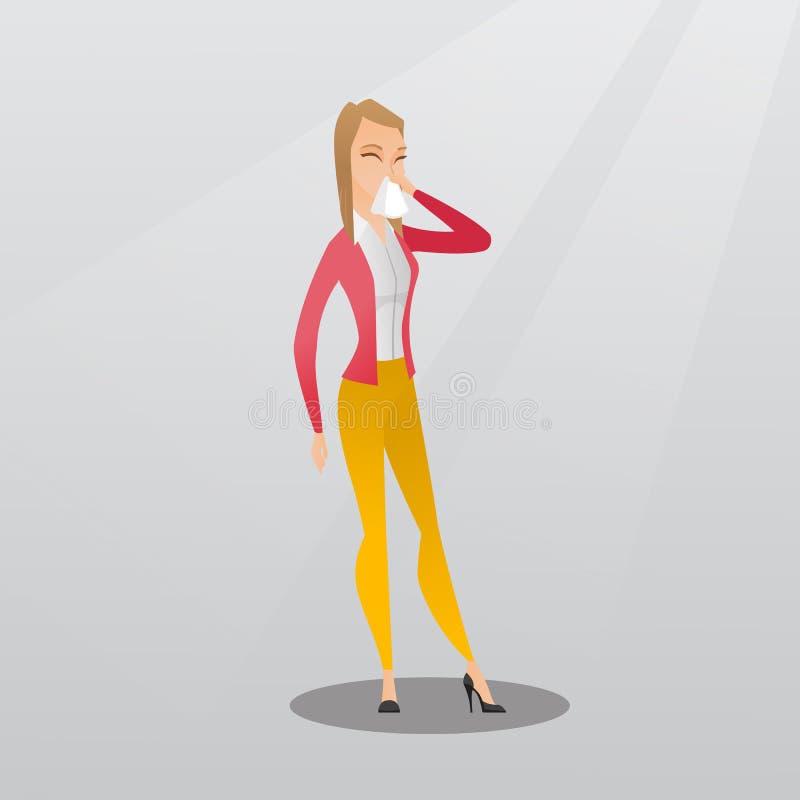 Jeune femme malade caucasienne éternuant illustration stock Jeune femme malade caucasienne éternuant illustration stock