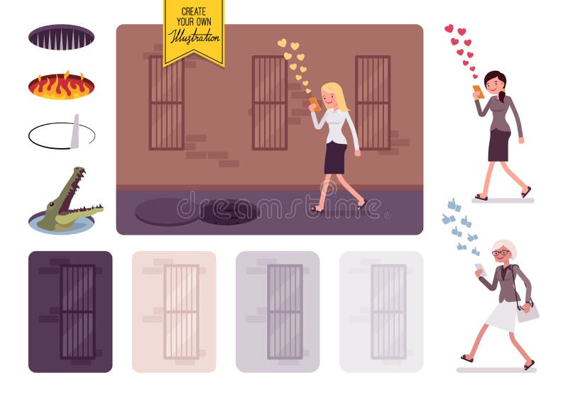 Jeune femme marche insouciante avec le danger invisible de téléphone à l'avant illustration stock