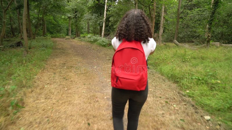 Jeune femme métis de fille afro-américaine trimardant avec le sac à dos rouge et prendre des photos avec un appareil dans la régio banque de vidéos