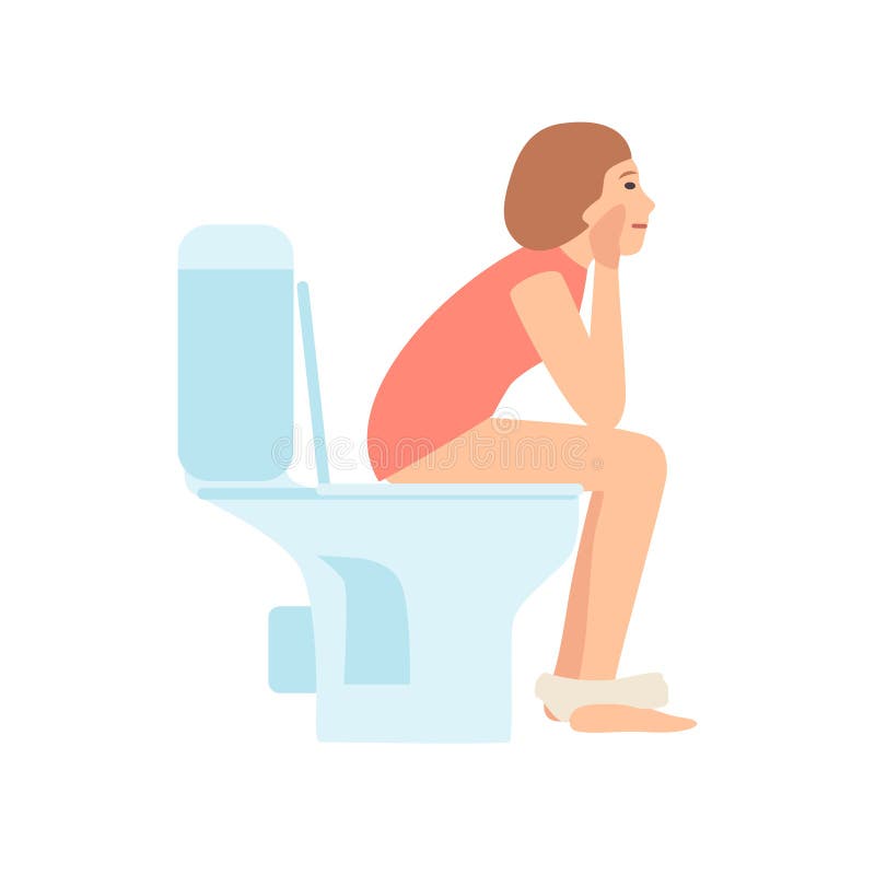 Jeune femme ou fille réfléchie s'asseyant sur la toilette et pooping d'isolement sur le fond blanc Personnage de dessin animé pla illustration libre de droits Jeune femme ou fille réfléchie s'asseyant sur la toilette et pooping d'isolement sur le fond blanc Personnage de dessin animé pla illustration libre de droits