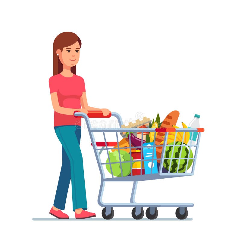 Jeune femme poussant le caddie de supermarché illustration de vecteur Jeune femme poussant le caddie de supermarché illustration de vecteur