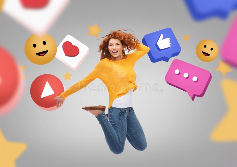 Jeune femme souriante sautant sur des icônes internet photographie stock