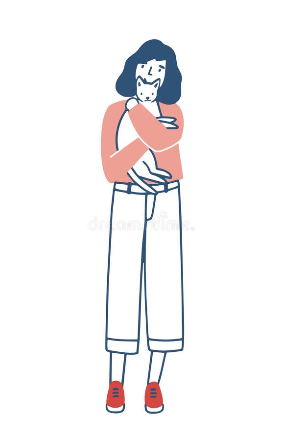 Jeune femme tenant et étreignant son chat ou chaton Fille drôle embrassant son animal domestique Bande dessinée femelle mignonne illustration stock Jeune femme tenant et étreignant son chat ou chaton Fille drôle embrassant son animal domestique Bande dessinée femelle mignonne illustration stock