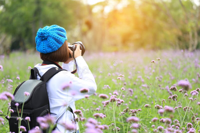 Jeune femme tenant la caméra de DSLR dans des ses mains avec le sac à dos appréciant et se tenant sur des fleurs fond, vacances d images libres de droits Jeune femme tenant la caméra de DSLR dans des ses mains avec le sac à dos appréciant et se tenant sur des fleurs fond, vacances d images libres de droits