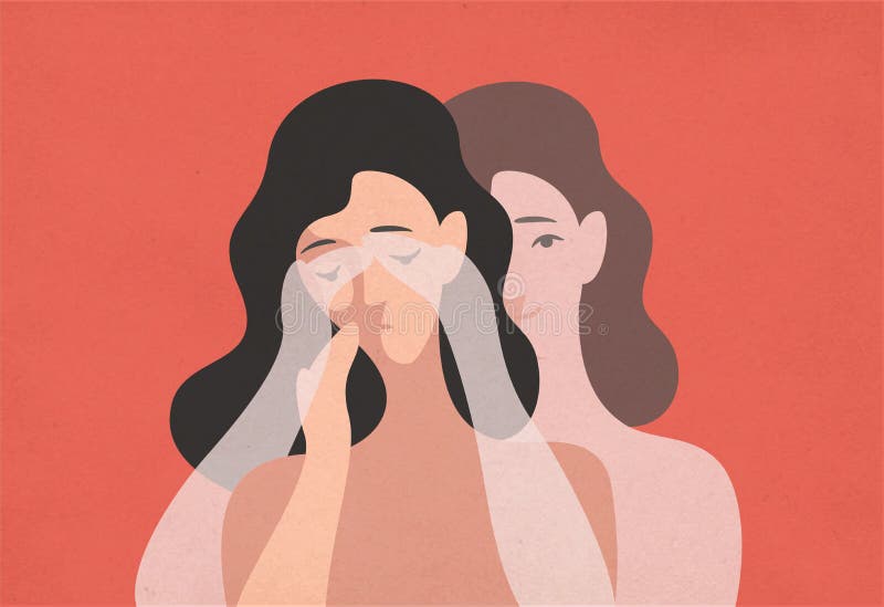 Jeune femme triste avec la tête abaissée et sa position jumelle fantomatique derrière et bâche ses yeux avec des mains Concept d' illustration de vecteur Jeune femme triste avec la tête abaissée et sa position jumelle fantomatique derrière et bâche ses yeux avec des mains Concept d' illustration de vecteur