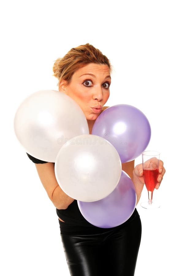 Jeune fille avec les ballons et le verre de champagne photos stock Jeune fille avec les ballons et le verre de champagne photos stock
