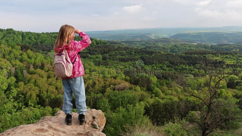 Jeune fille debout sur une falaise rocheuse regardant un paysage forestier panoramique clips vidéos