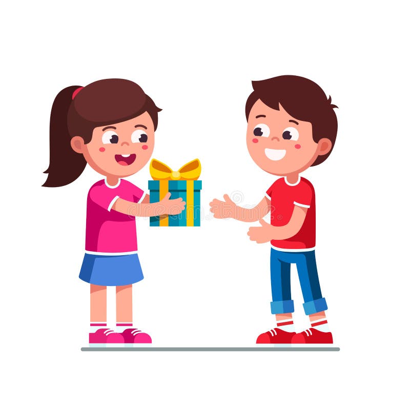 petite fille faisant un cadeau à une petite fille heureuse tenant une  boîte-cadeau, fermant les yeux d'un joli sourire excité par la surprise  d'anniversaire de sa sœur 13067910 Photo de stock chez