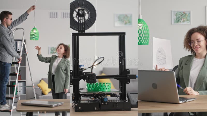 Jeune homme accroche le modèle 3d de l'ombrage de lampe sur le plafond imprimante 3d moderne imprimer prototype de modèle 3d à par clips vidéos