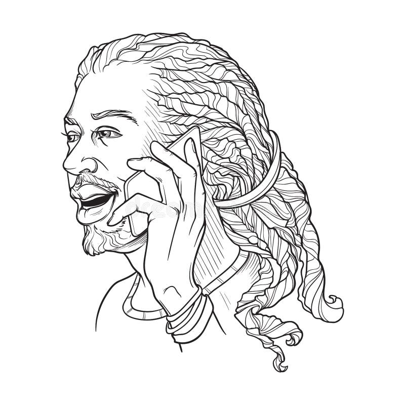 Jeune homme afro-américain avec des dreadlocks parlant du téléphone et du sourire N d'isolement par croquis linéaire noir et blan illustration de vecteur Jeune homme afro-américain avec des dreadlocks parlant du téléphone et du sourire N d'isolement par croquis linéaire noir et blan illustration de vecteur