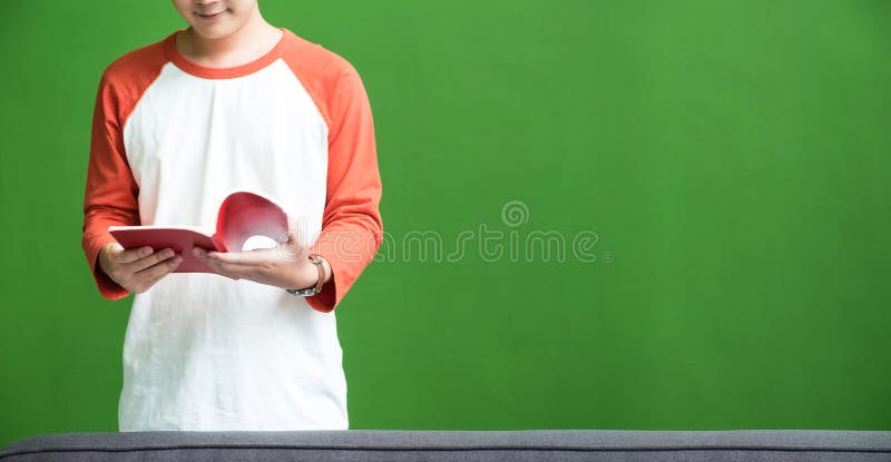 Jeune homme d'adolescent lisant le livre rouge au-dessus du sofa et du mur vert à photographie stock Jeune homme d'adolescent lisant le livre rouge au-dessus du sofa et du mur vert à photographie stock