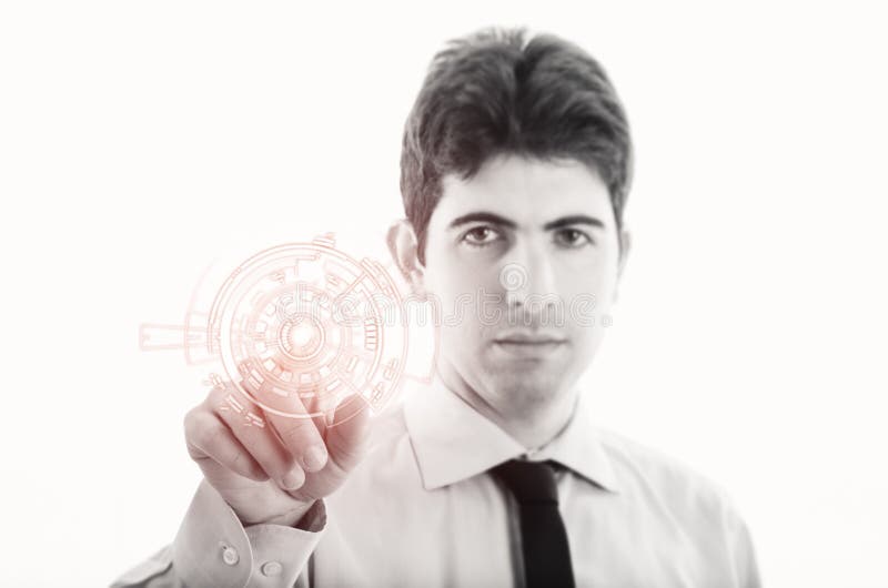 Jeune homme d'affaires avec la surface adjacente virtuelle photographie stock libre de droits Jeune homme d'affaires avec la surface adjacente virtuelle photographie stock libre de droits