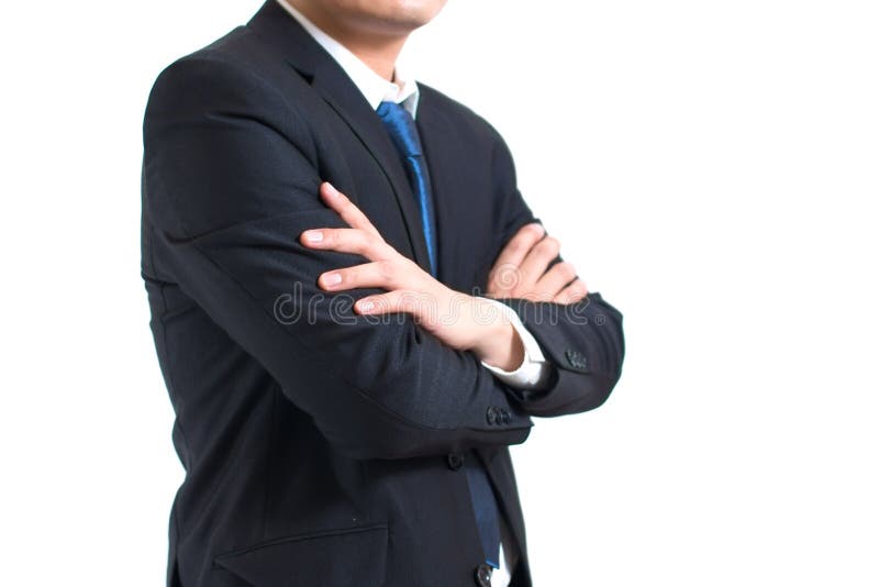 Jeune homme d'affaires avec le sien bras de la croix une sur le fond blanc Avec l'espace de copie employant pour le concept d'aff photo stock Jeune homme d'affaires avec le sien bras de la croix une sur le fond blanc Avec l'espace de copie employant pour le concept d'aff photo stock