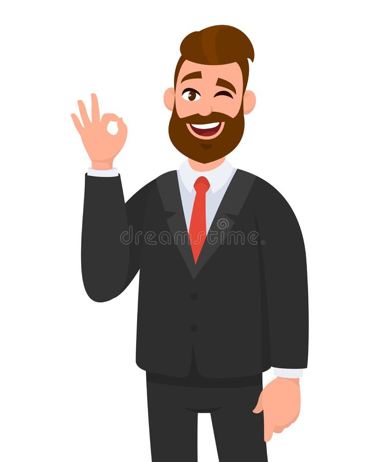 Jeune homme d'affaires montrant le signe d'OKAY/OK faisant des gestes la main Concept d'émotion et de langage du corps