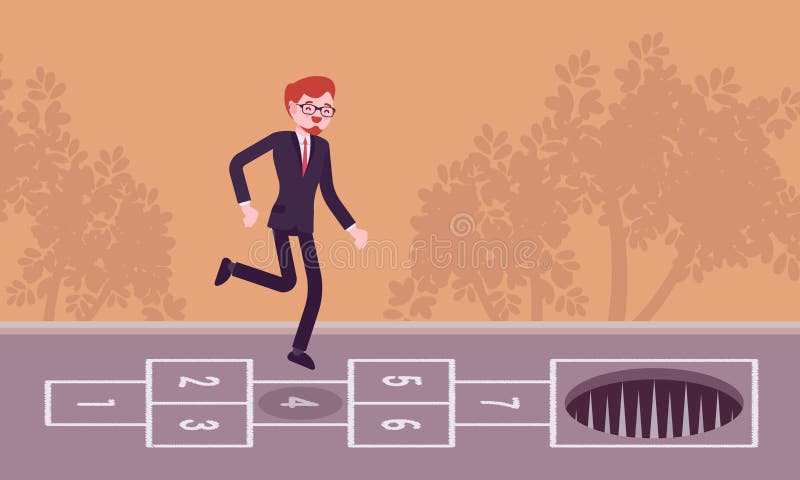 Jeune homme d'affaires sans souci de jouer le jeu de marelle pâle à l'avant illustration de vecteur