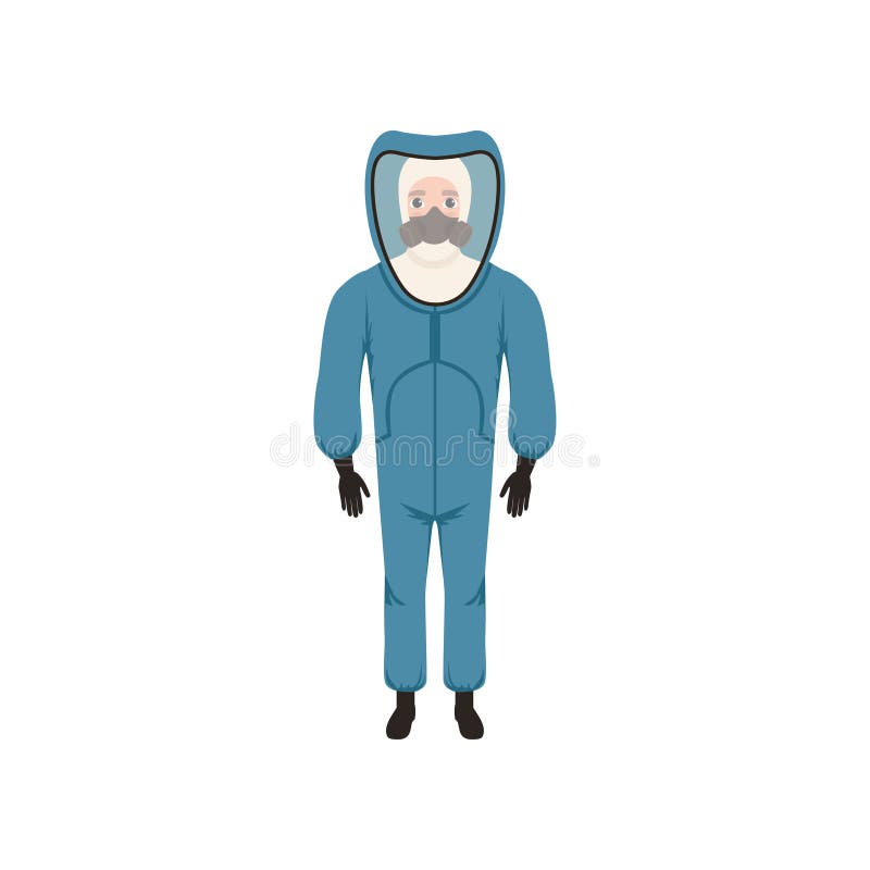 Jeune homme dans le costume, le masque de gaz et les gants protecteurs bleus Protection contre le bio ou radioactif risque Concep illustration libre de droits Jeune homme dans le costume, le masque de gaz et les gants protecteurs bleus Protection contre le bio ou radioactif risque Concep illustration libre de droits