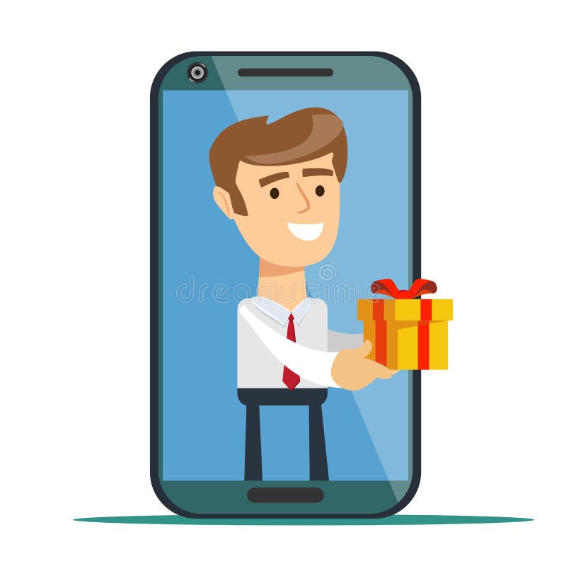 Jeune homme de l'écran de smartphone envoyant la boîte actuelle d'isolement sur le fond illustration de vecteur Jeune homme de l'écran de smartphone envoyant la boîte actuelle d'isolement sur le fond illustration de vecteur