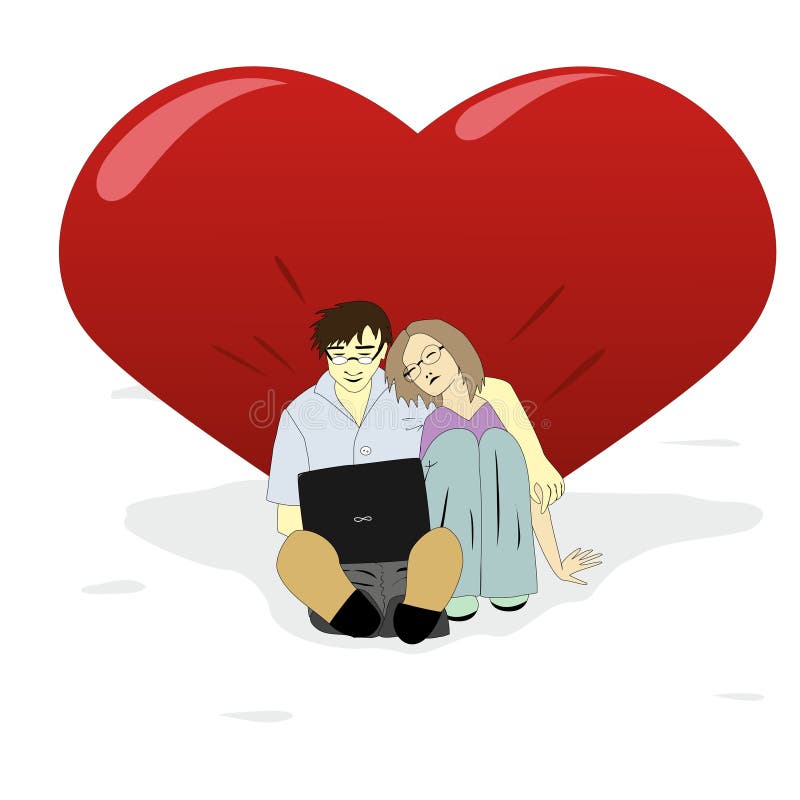 Jeune homme et femme se reposant à un grand coeur illustration stock